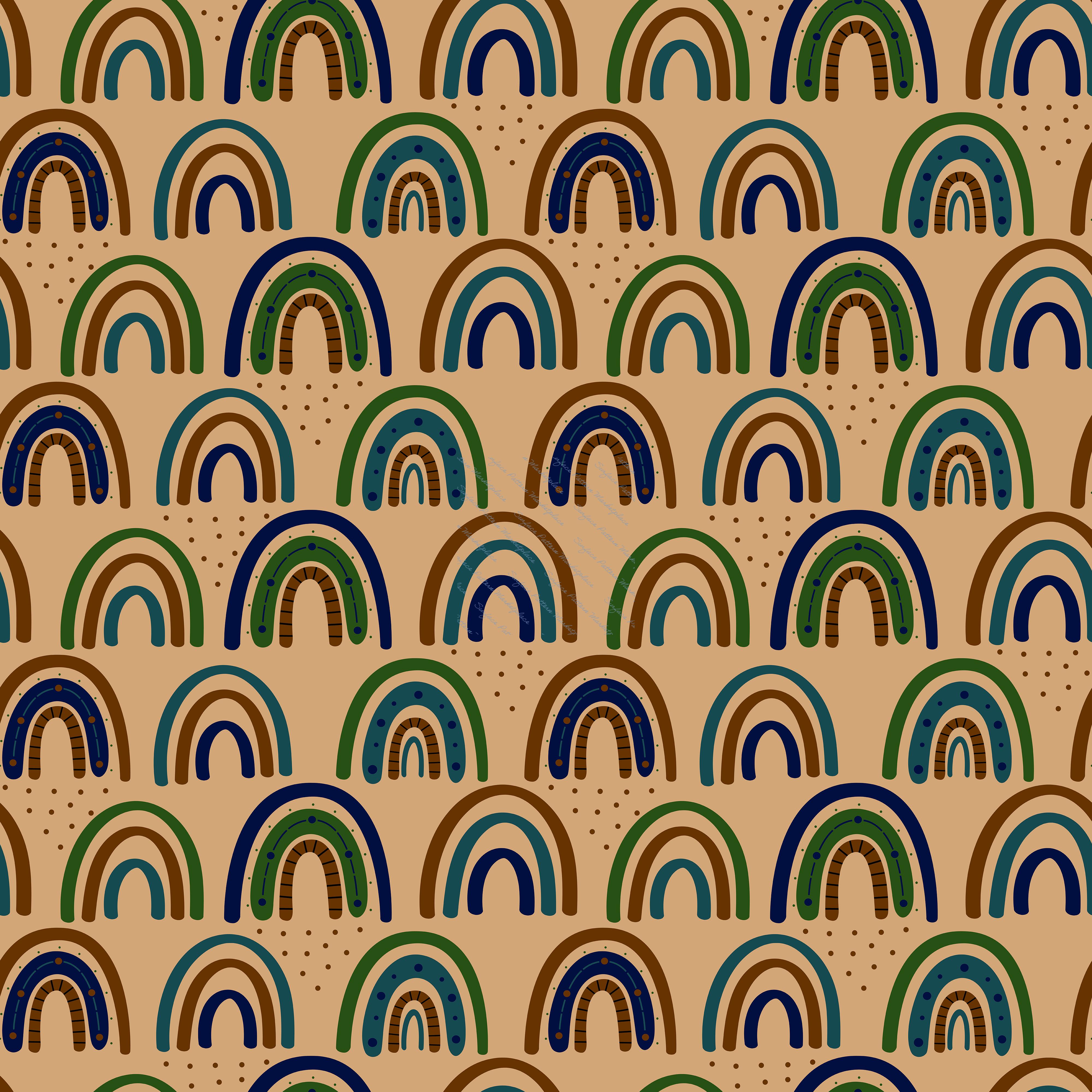 Boho rainbow seamless pattern. Rainbow Bohemian in trendy warm Golden, brown, yellow tones. Modern vector illustration for textile, paper, print design