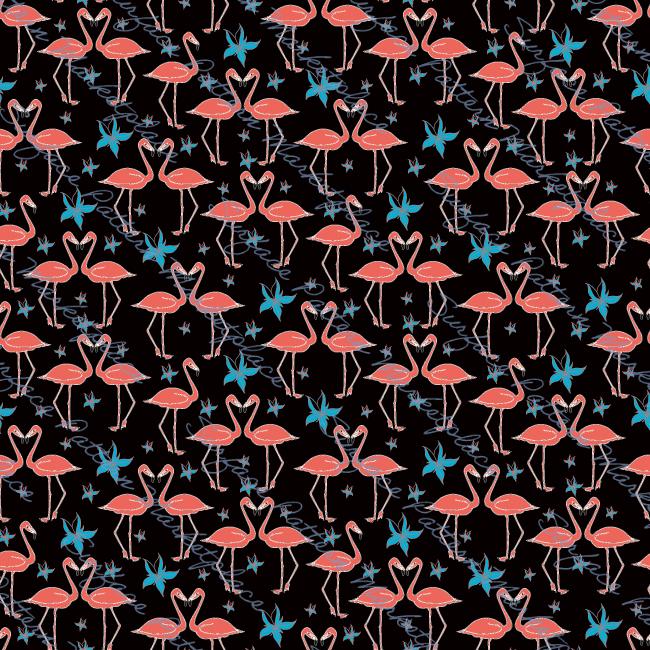 Pink flamingo lovers on a black background with blue flowers. Repeat Pattern.