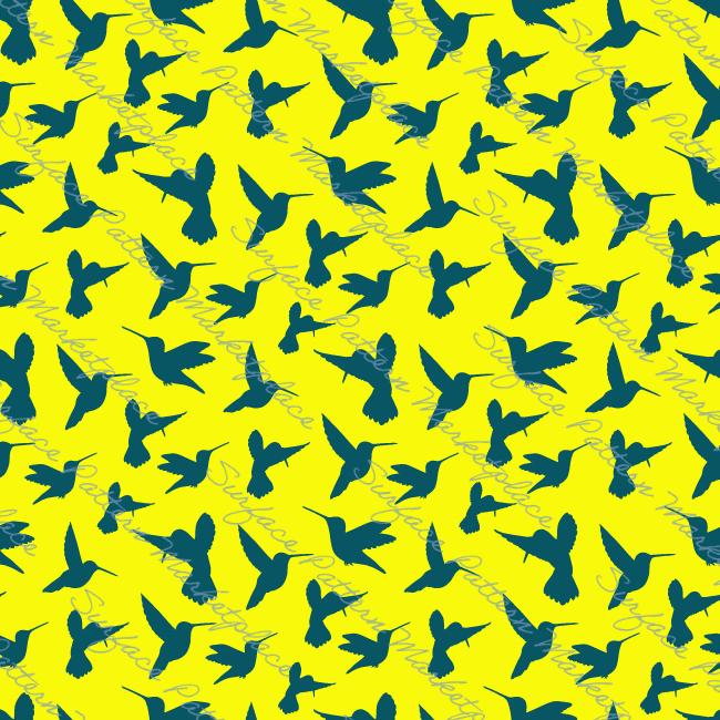 Hummingbird repeat pattern on a yellow background.