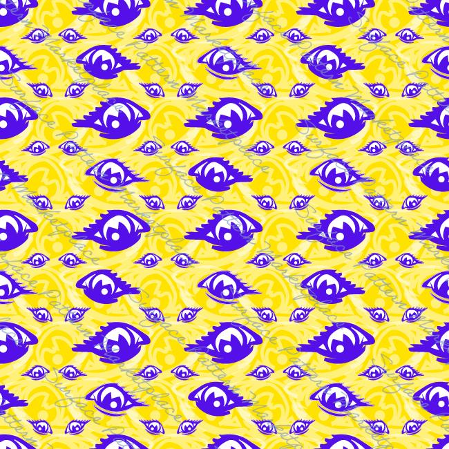 Repeat pattern of purple eyes on a yellow background.