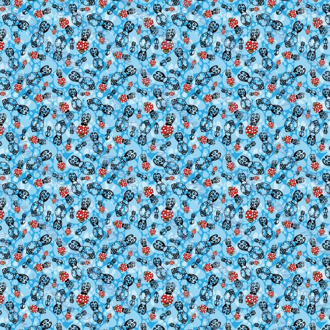 Ladybirds in a repeat pattern on blue and white.