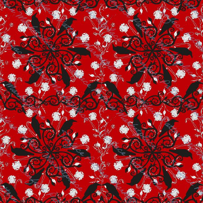 Repeat pattern of rose vines and ravens on a red background.