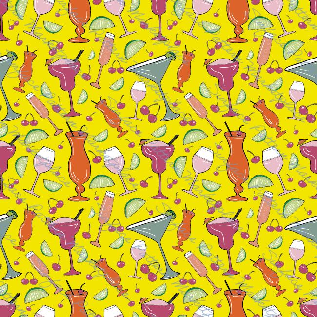 Repeat pattern of summer cocktails on a vibrant yellow background.
