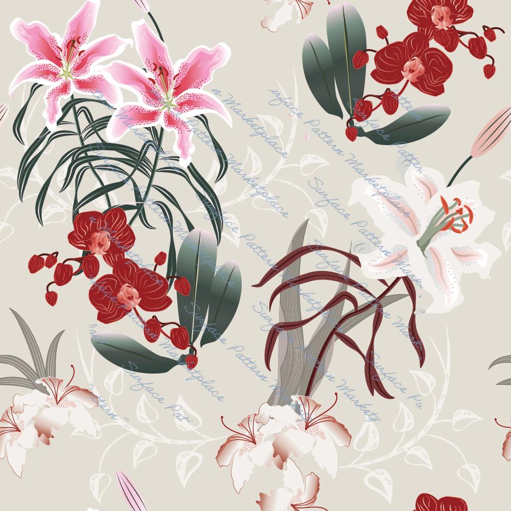 Stargazer lilies, orchids, stylised.