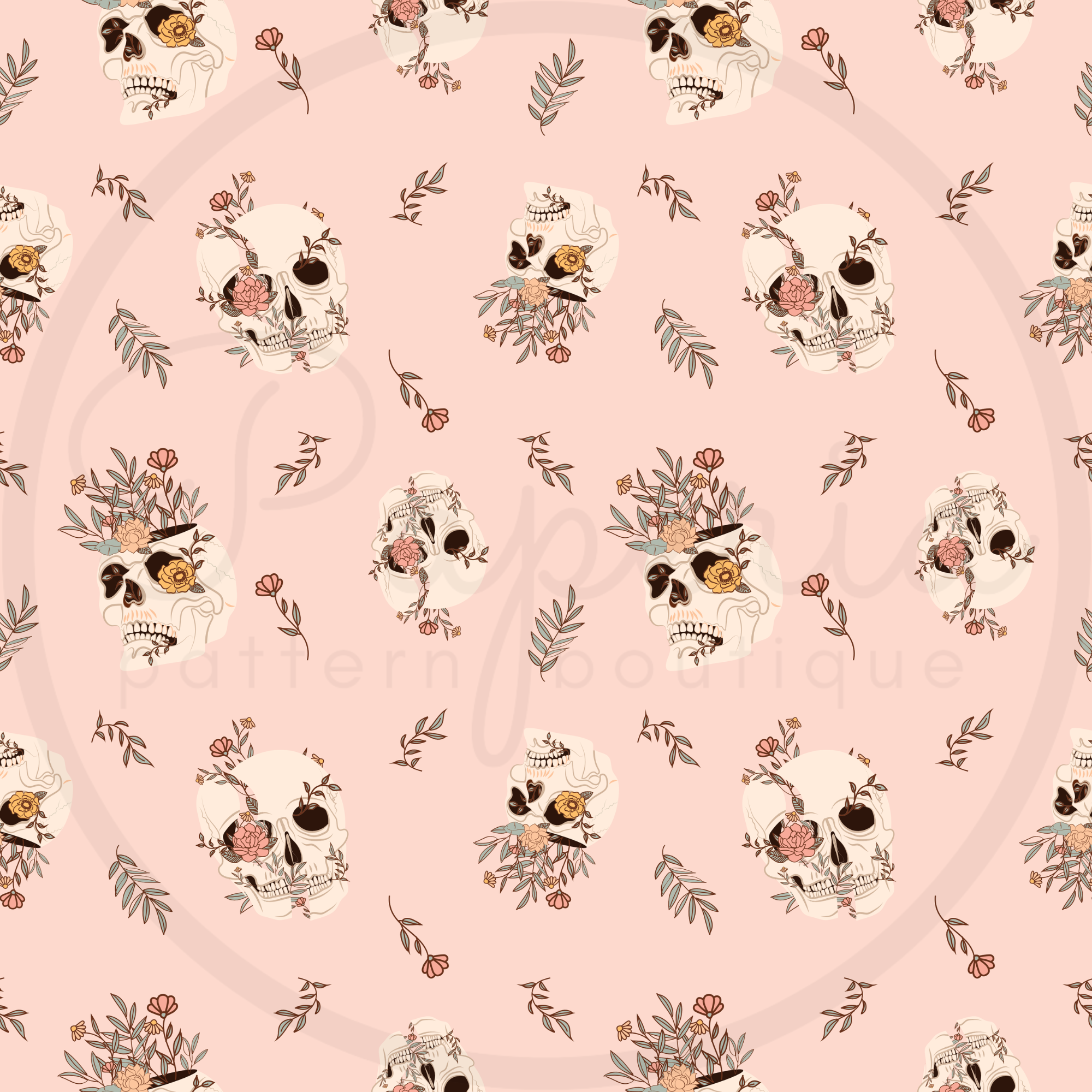 Boho Skull Floral Seamless Repeating Pattern File for Fabric